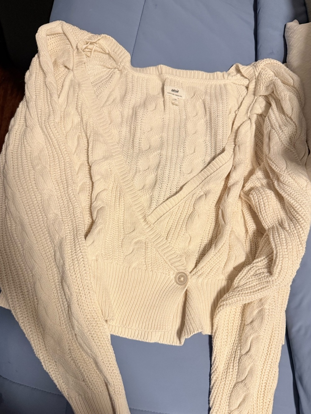 aerie Cream Cable Knit V-Neck Button Cardigan